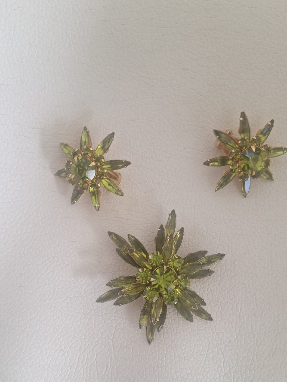 Vintage Judy Lee Green Crystal Floral Earrings Clip and Brooch Set Cha Cha Style
